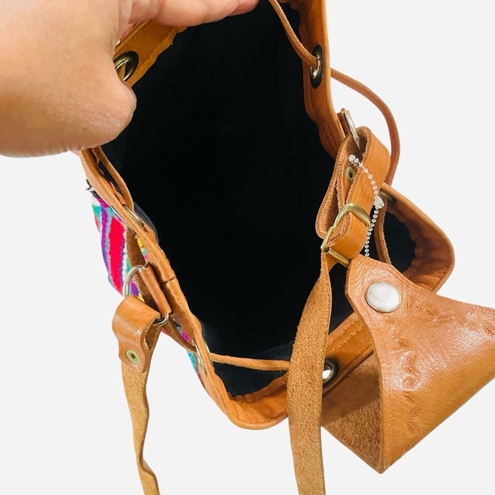 Vintage Handmade Guatemala Boho Multi Color with Leather Trim Bucket Bag - Picture 13 of 15